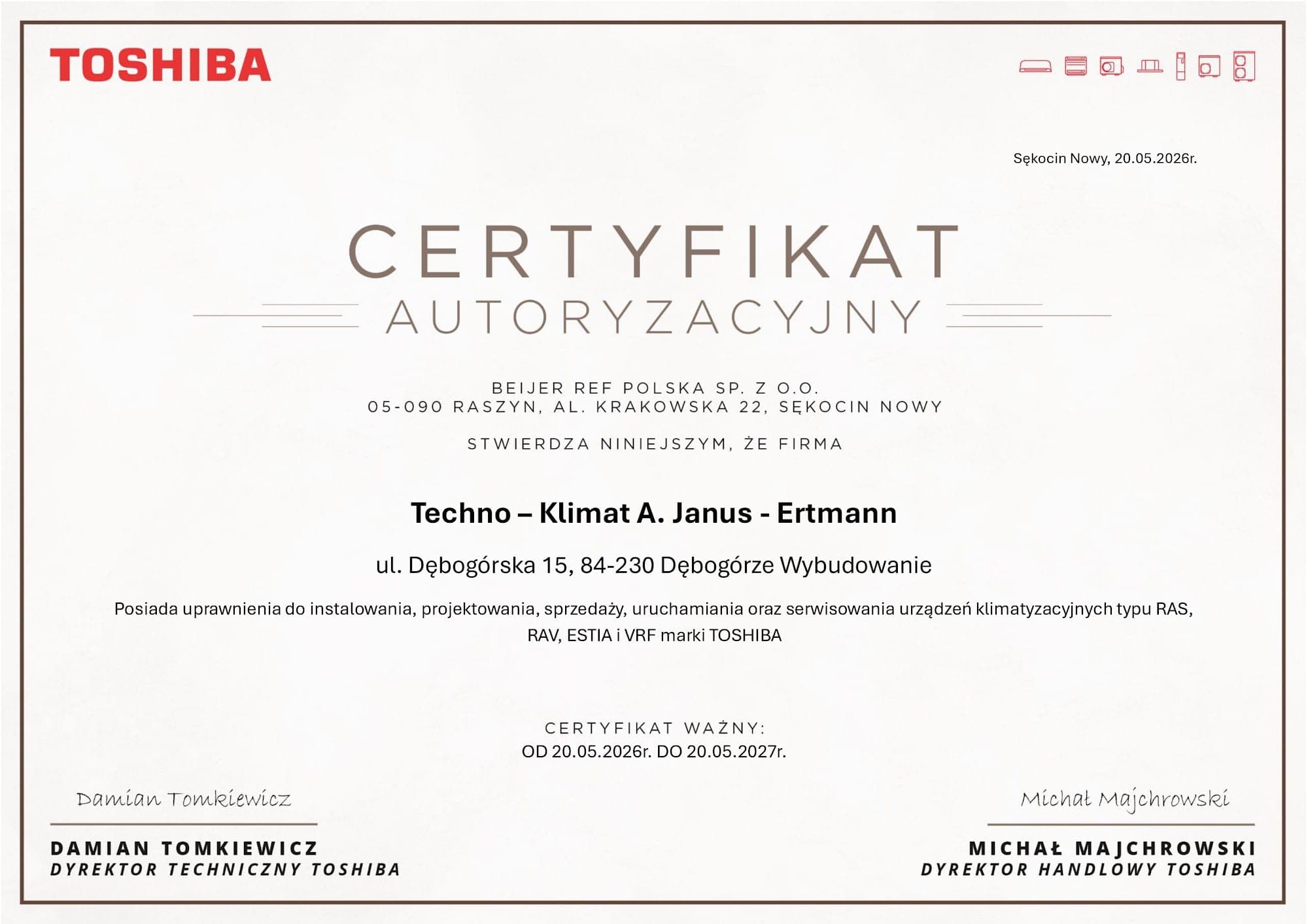 Certyfikat autoryzacyjny Toshiba dla TECHNO KLIMAT — uprawnienia do montażu i serwisu urządzeń RAS, RAV, ESTIA i VRF